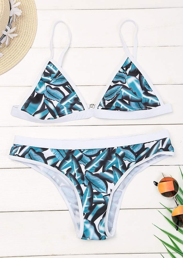 

Leaf Printed Sexy Bikini Set, Green, 73700