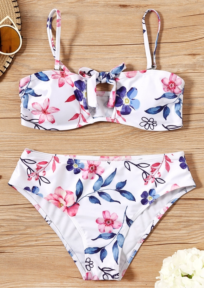 

Floral Tie Adjustable Strap Bikini Set, White, 434942