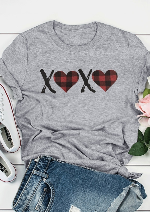 

XOXO Plaid Heart T-Shirt Tee, 435173, Gray