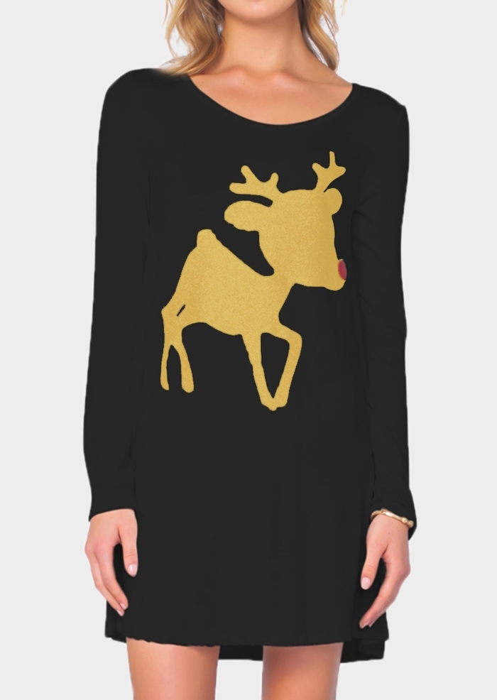 

Christmas Reindeer Printed Long Sleeve Mini Dress, Black;white;red, 94951