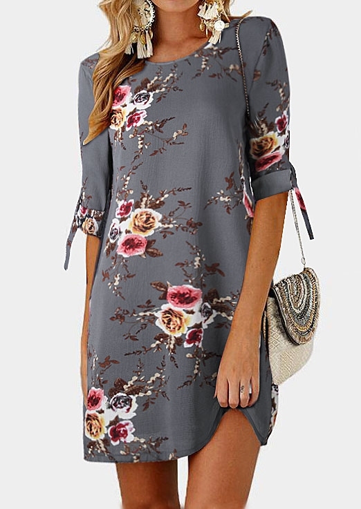 

Floral Tab-Sleeve O-Neck Mini Dress, Gray;khaki, 401187