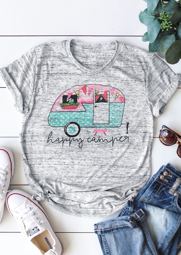 

Tees T-shirts Happy Camper O-Neck Short Sleeve T-Shirt in Light Grey. Size