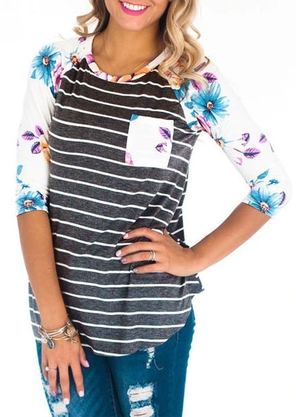 

Floral Striped Pocket Baseball T-Shirt, Stripe, 415006