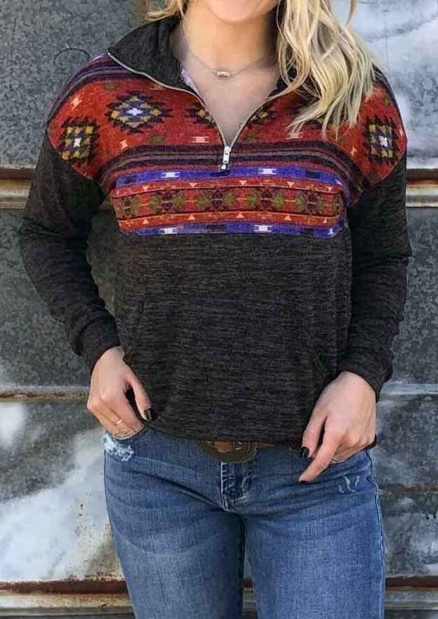 

Geometric Zipper Pocket Sweatshirt without Necklace, Red, 417499