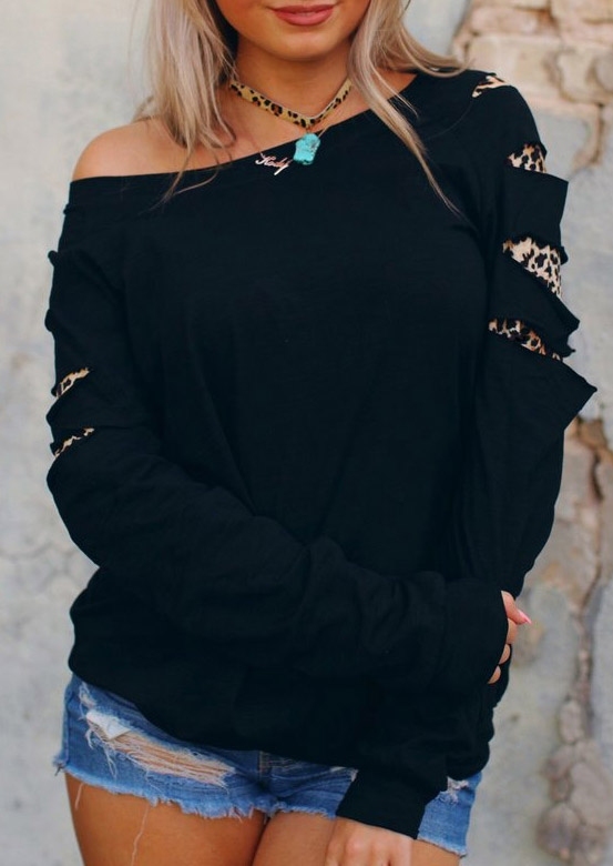 Leopard Printed One Shoulder Sweatshirt without Necklace