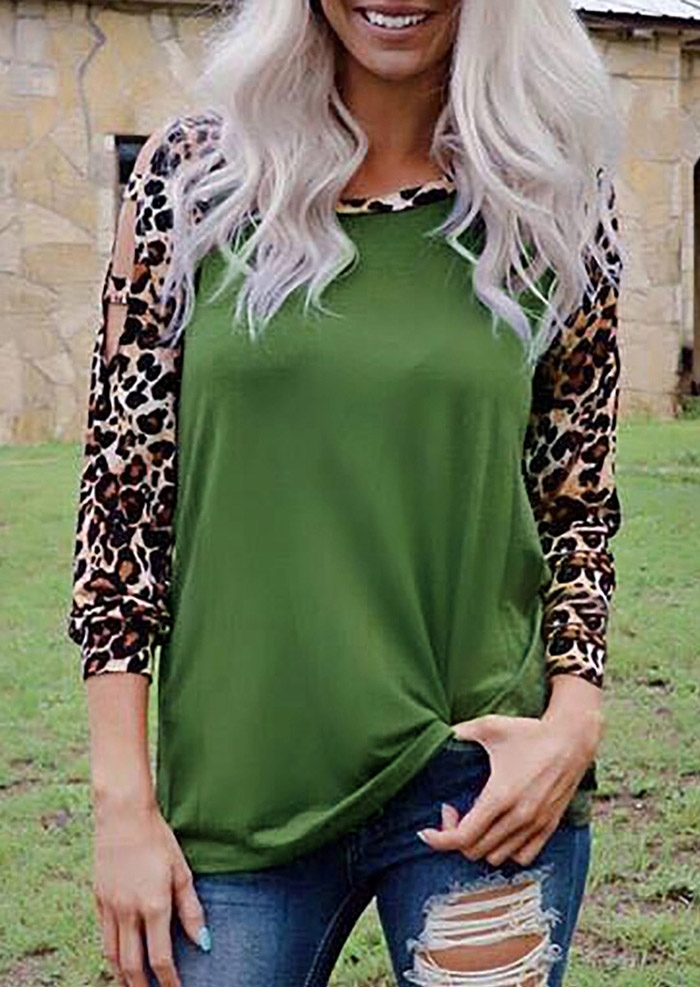 

Leopard Printed Hollow Out Blouse, Army green, 423994