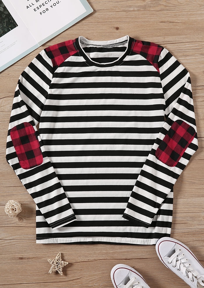 

Striped Plaid Elbow Patch T-Shirt, 424340, Stripe