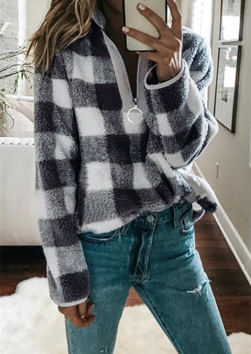 

Plaid Zipper Long Sleeve Sweatshirt, Gray;khaki;red, 424669