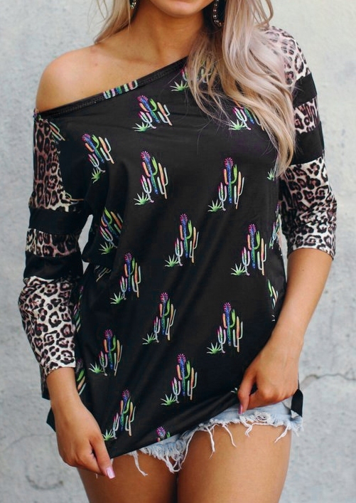 

Cactus Leopard Printed One Shoulder Blouse, Multicolor, 425554
