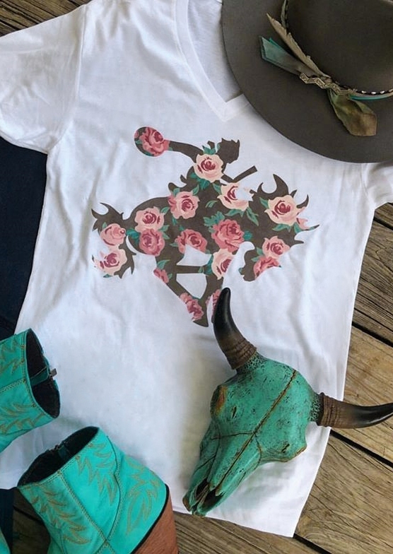 

Floral Ranch Rodeo V-Neck T-Shirt, 429740, White