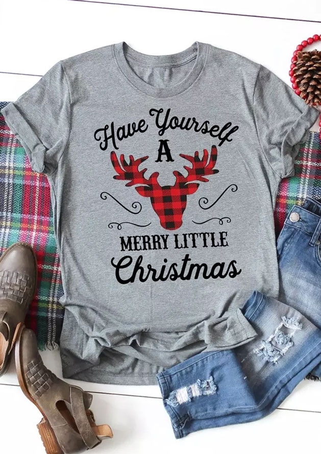 

Merry Little Christmas Plaid T-Shirt, 430668, Light grey