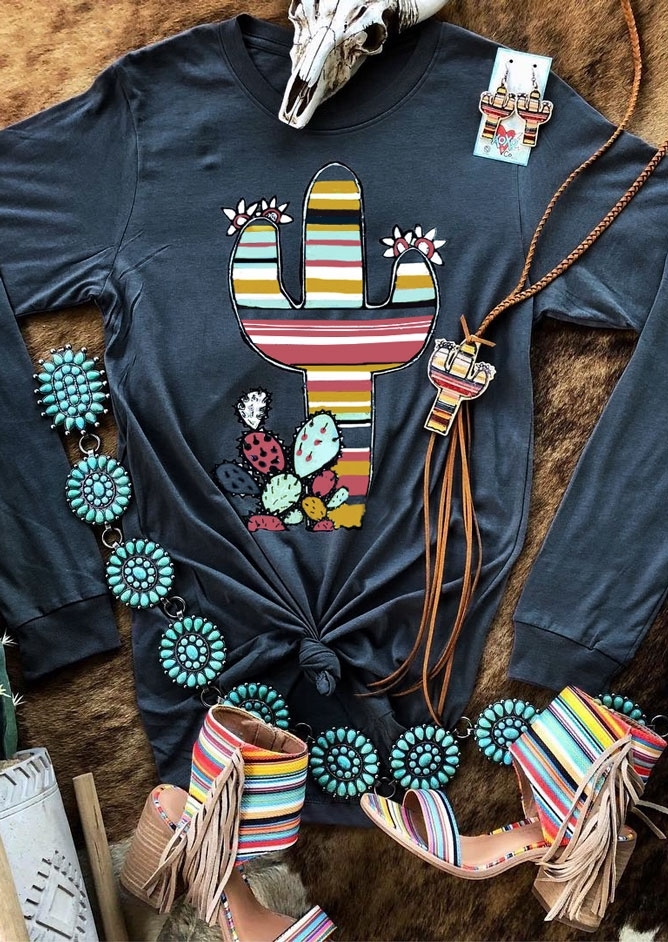 

Cactus Floral Multicolor O-Neck T-Shirt, Deep blue, 431092
