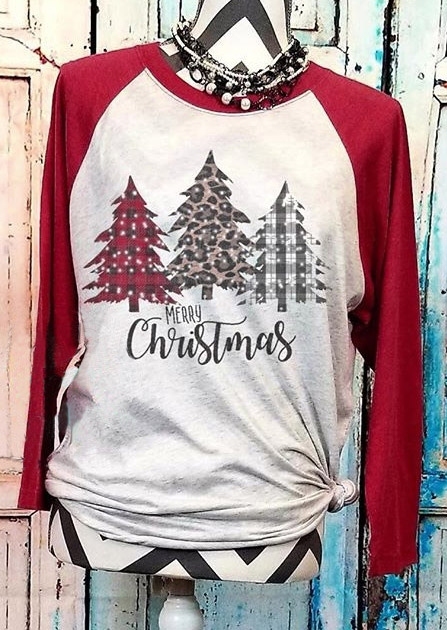 

Merry Christmas Plaid Leopard Printed Tree T-Shirt Tee - Light Grey, 432598