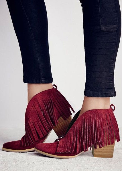 

Solid Fringe Pointed Toe Western Boots, Black;burgundy, 433527