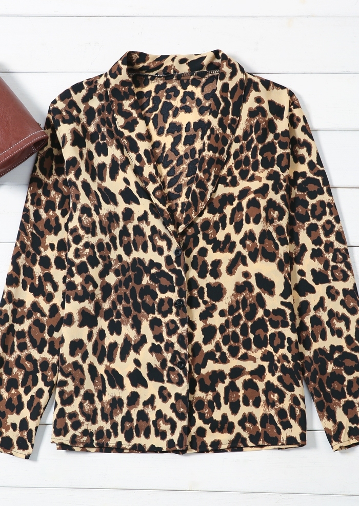

Leopard Printed Button Shawl Collar Blouse, 435284