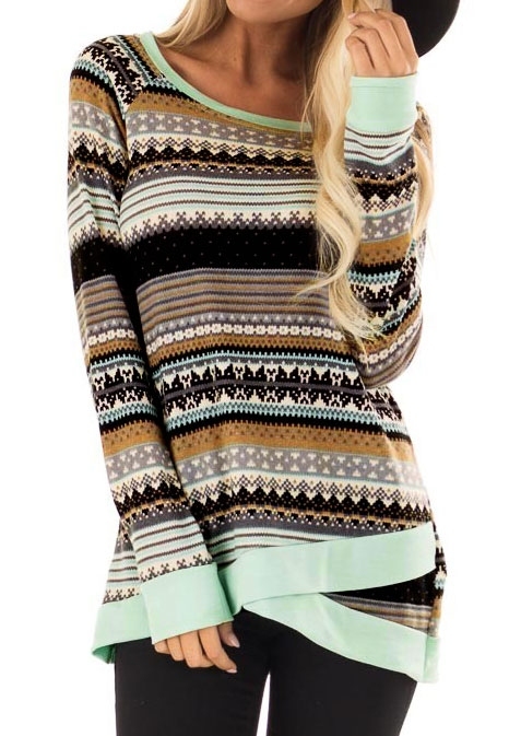 

Striped Geometric Long Sleeve Blouse, Multicolor, 424279