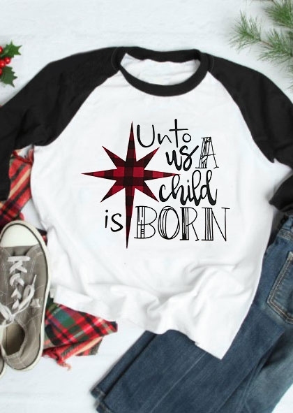 

Tees T-shirts Unto Us A Child Is Born Baseball T-Shirt in White. Size