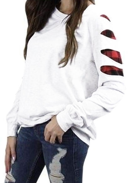 

Plaid Cut Long Sleeve Blouse, 433899, White