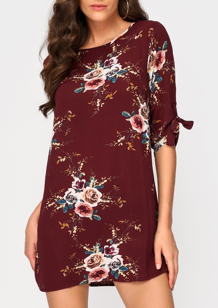 

Floral Tab-Sleeve O-Neck Mini Dress, Black;burgundy, 404608