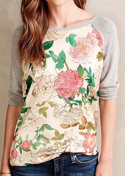 

Floral Three Quarter Sleeve Baseball T-Shirt, 416479, Gray