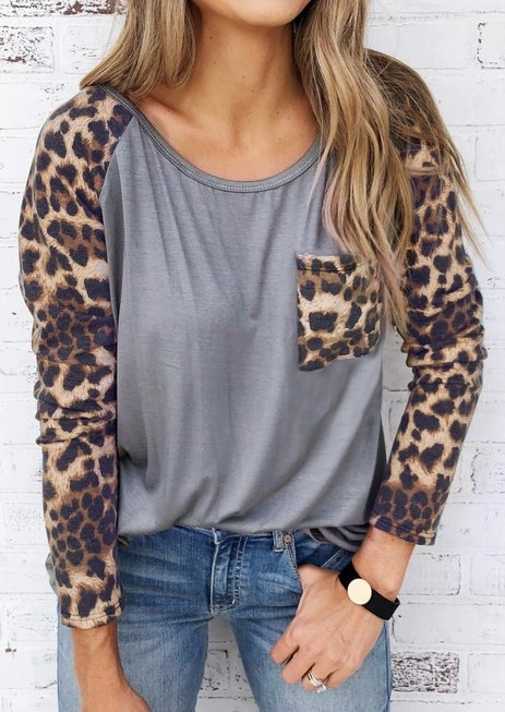 

Leopard Printed Pocket Baseball T-Shirt, Gray, 428494
