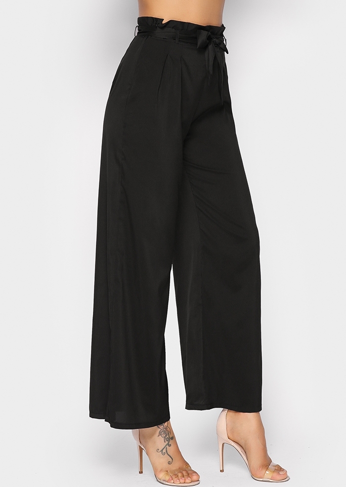 Solid High Waist Wide Leg Pants with Belt - Fairyseason