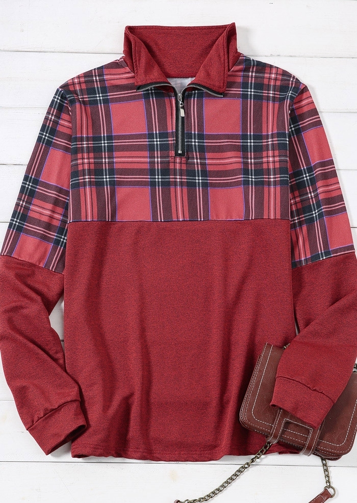 

Plaid Splicing Zipper Sweatshirt, Brick red, 434821