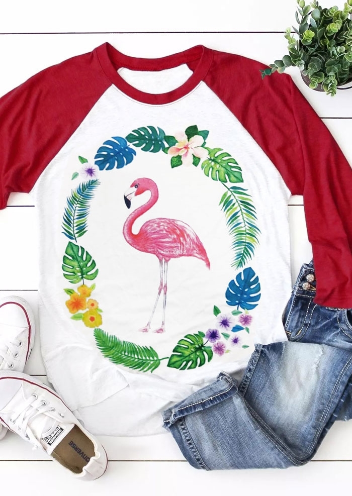 

Floral Leaf Flamingo Baseball T-Shirt, White, 434938