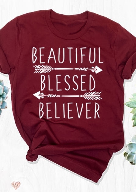 

Beautiful Blessed Believer Arrow T-Shirt Tee, Burgundy, 436333