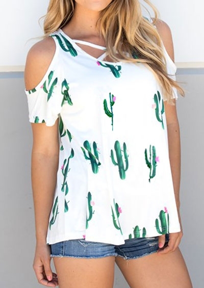 Blouses Cactus Criss-Cross Cold Shoulder Blouse in White. Size: S,M,L