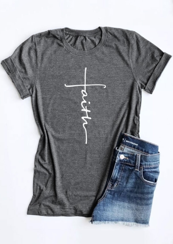 T-shirts Tees Faith O-Neck Short Sleeve T-Shirt in Dark Grey. Size: S