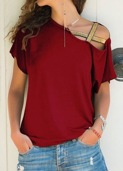 

Splicing Cross One-Shoulder Blouse, Black;burgundy, 405852