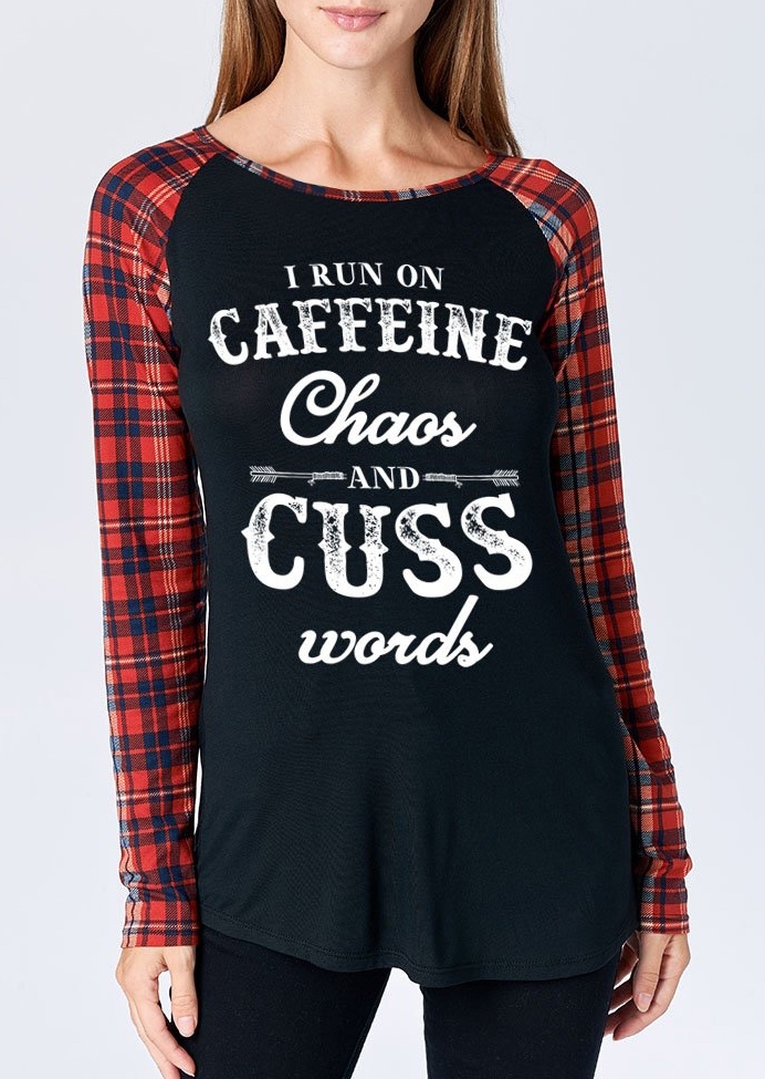 

Caffeine Chaos And Cuss Plaid Baseball T-Shirt, Black, 436355