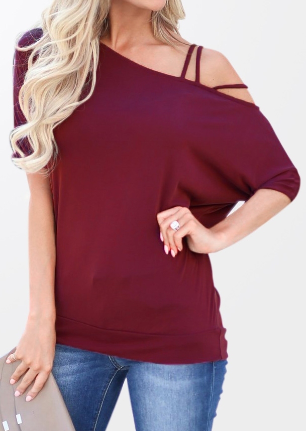 

Solid One-Shoulder Batwing Sleeve Blouse, Black;burgundy;light green, 436451