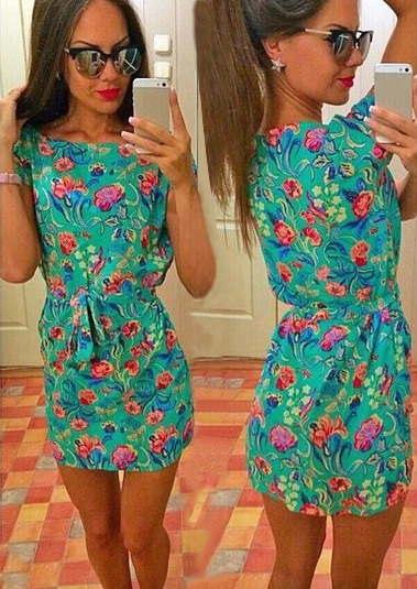 

Floral Short Sleeve O-Neck Casual Mini Dress, 81710, Green