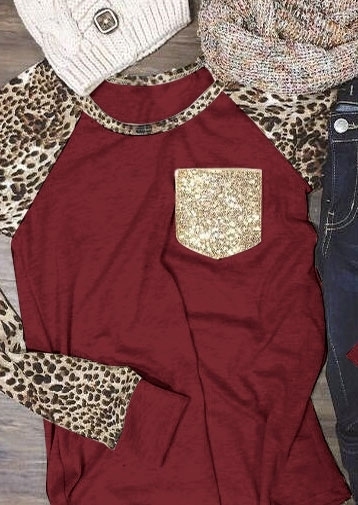 

Leopard Printed Sequined Pocket Baseball T-Shirt, Black;burgundy, 173261