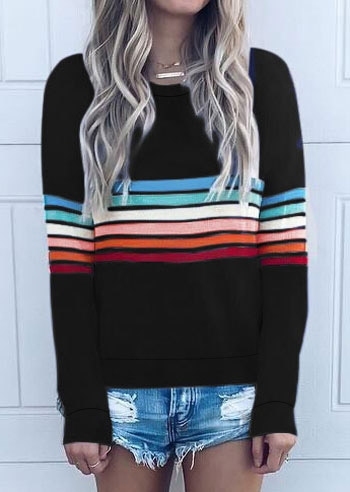 

Striped O-Neck Long Sleeve T-Shirt Tee, Black;white, 419616