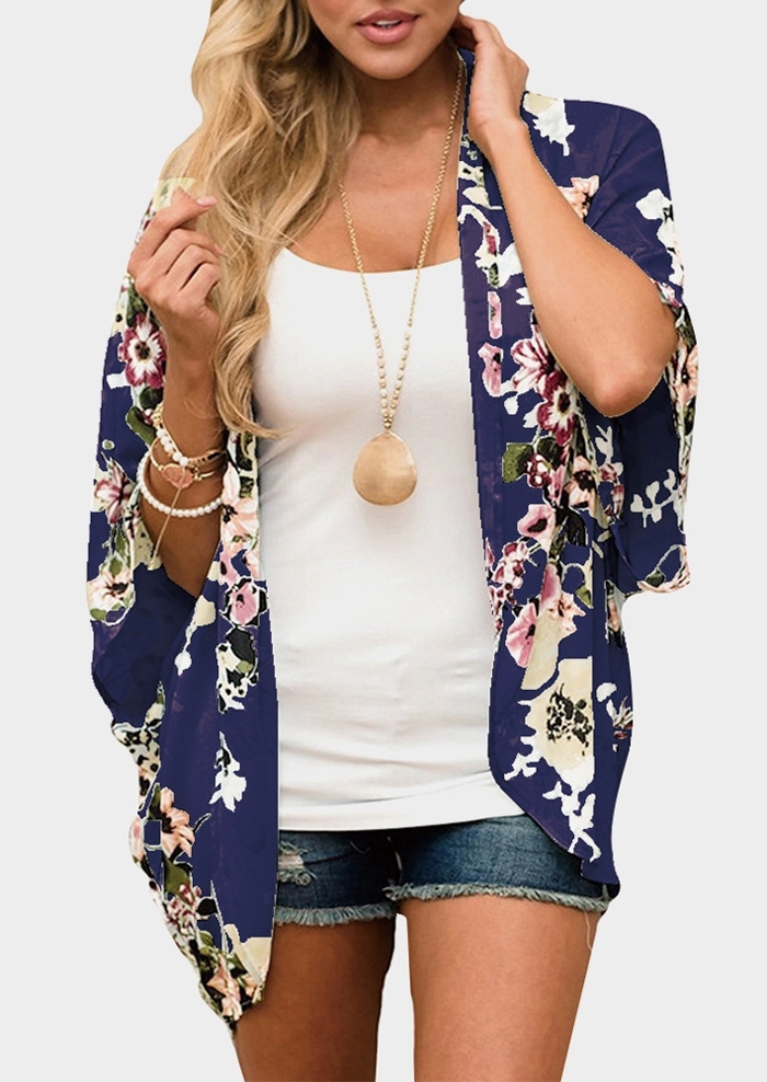 

Floral Three Quarter Sleeve Cardigan without Necklace, Sky blue;light grey;navy blue, 436986