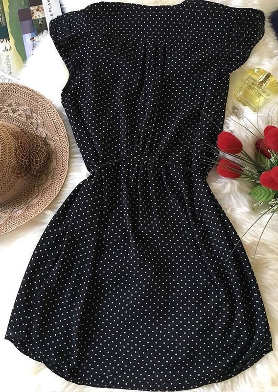 Polka Dot Tie Casual Mini Dress - Black