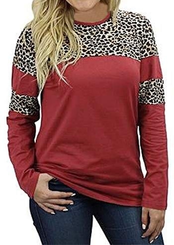 

Leopard Printed Splicing O-Neck T-Shirt, 433688