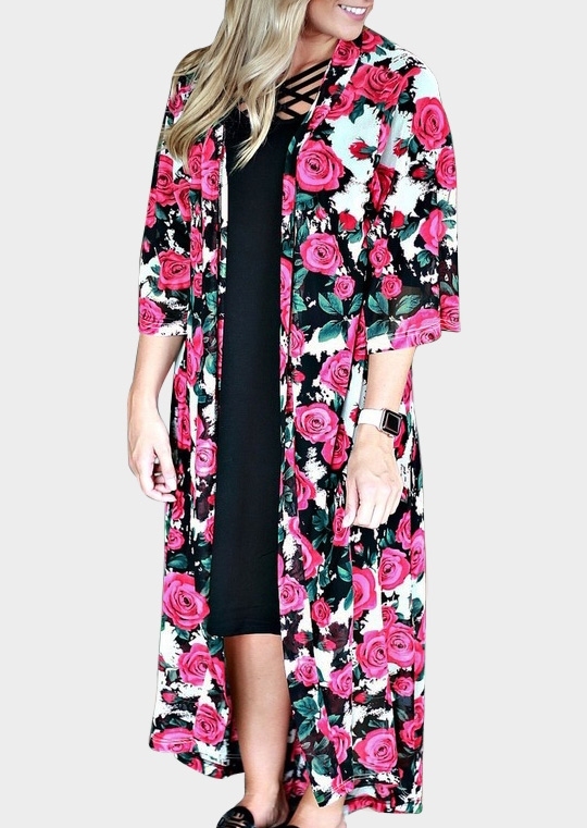 

Floral Three Quarter Sleeve Cardigan, Rose red, 437066