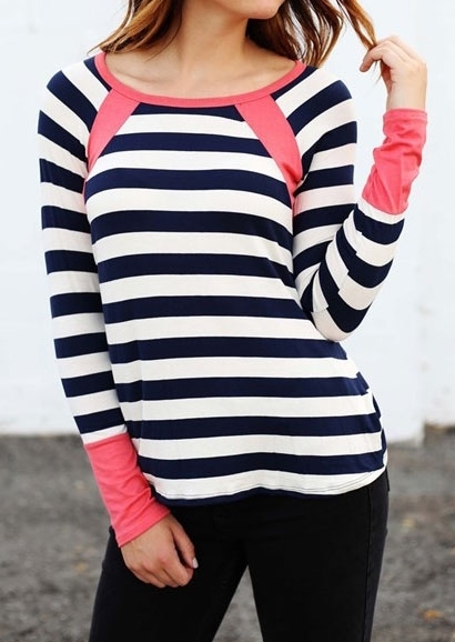 

Striped Splicing Long Sleeve T-Shirt, Gray;yellow;rose red;lightblue, 167386