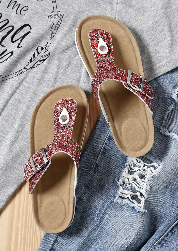 

Glitter Flat Flip Flops, Black;gold;red, 437304