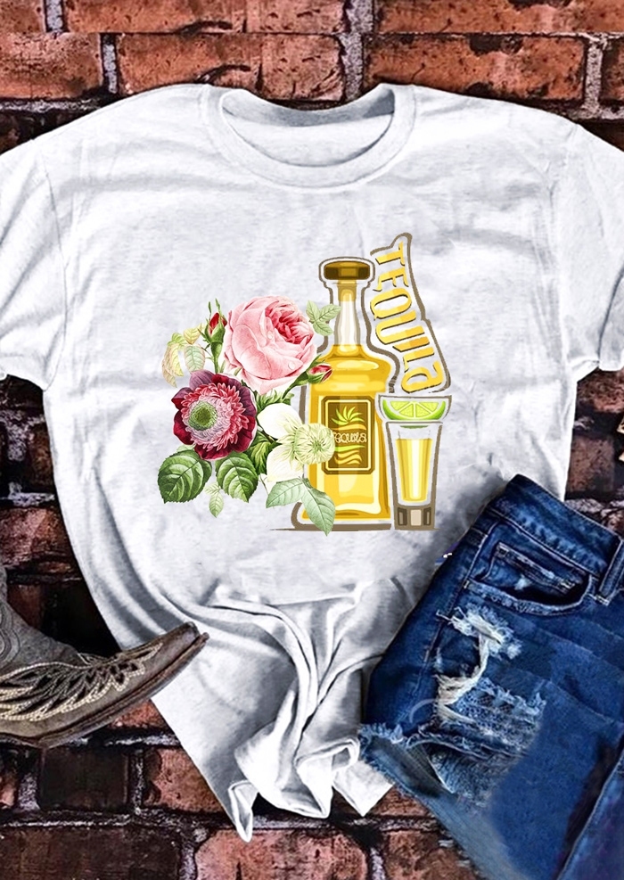 

Tequila Floral O-Neck Short Sleeve T-Shirt Tee, Light grey, 437504