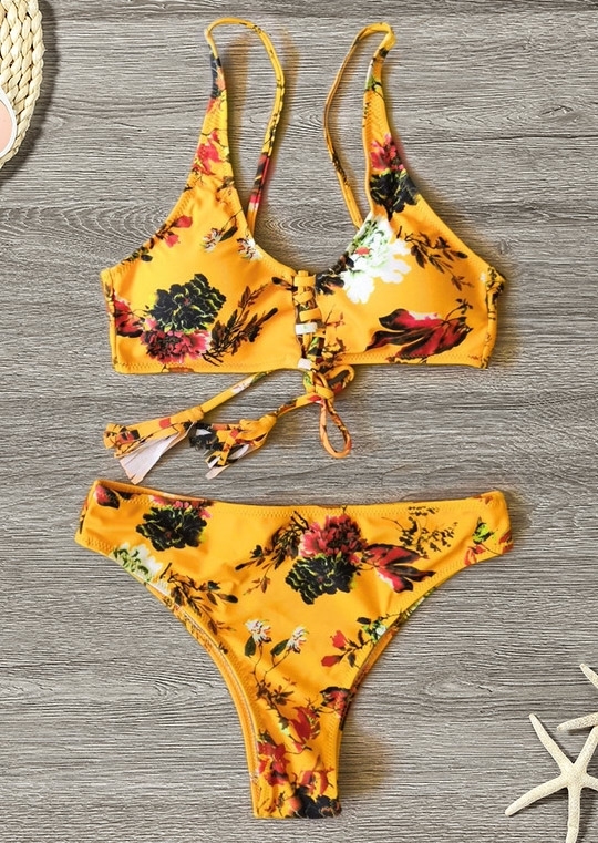 

Floral Tassel Tie Bikini Set, Yellow, 437530