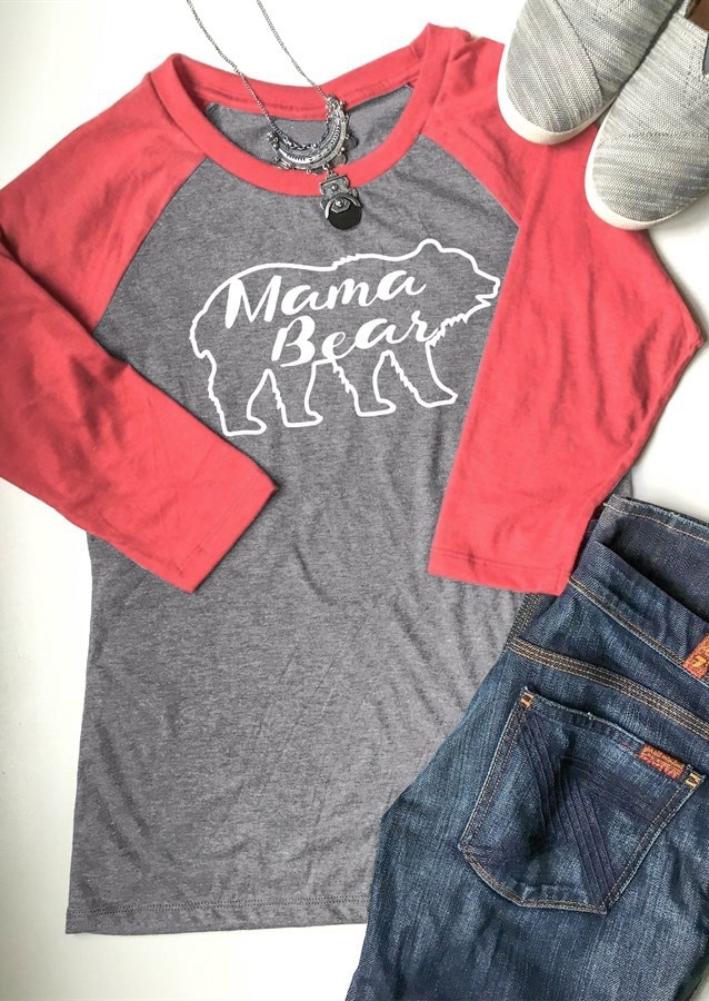 

Mama Bear Letter Printed Splicing O-Neck T-Shirt, Royal blue;watermelon red, 94443