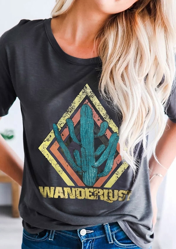 

Wanderlust Cactus O-Neck T-Shirt Tee - Dark Grey, 412269