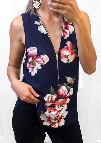 

Floral Zipper V-Neck Tank, White;navy blue, 405426