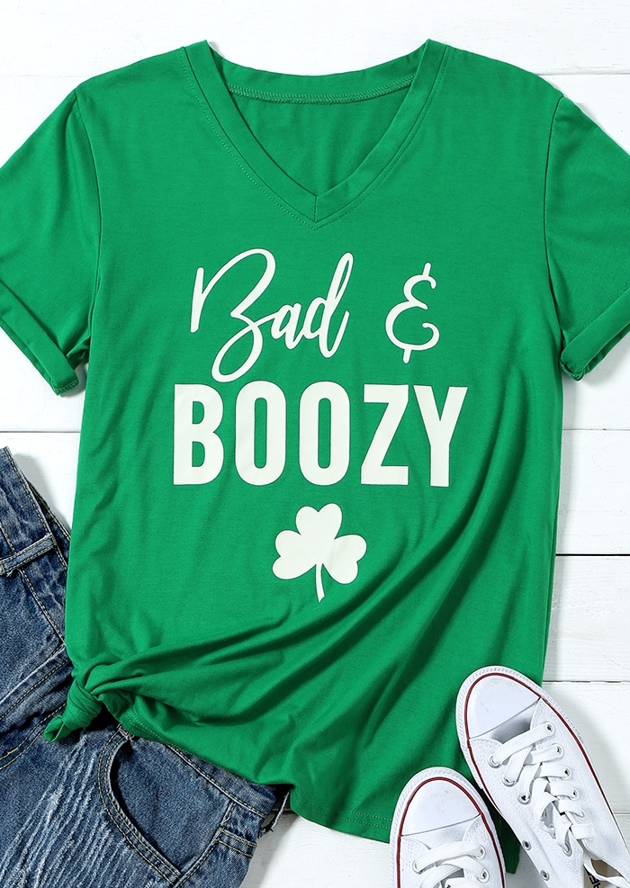 

Bad & Boozy V-Neck St Patricks Day T-Shirt Tee, Green, 437588