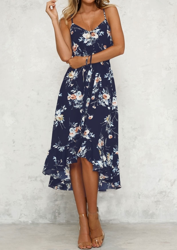 

Floral Ruffled Asymmetric Maxi Dress, 437721, Deep blue